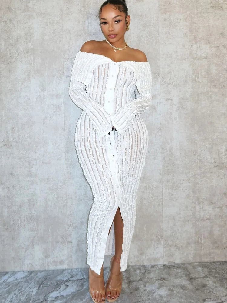 Beyprern Women's Chic Pleated Midi Dress Off Shoulder See-Through Fitted Ruched Party Dress Night Club Outfits Clubwear - AMULET RING STORE