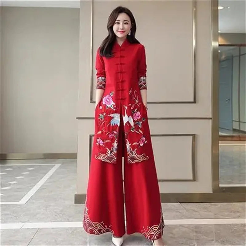 Long Ethnic Style Cheongsam Set Spring and Autumn Drop Feel Wide Leg Pants Mom Retro Slim Straight Tube Embroidery Two Piece Set