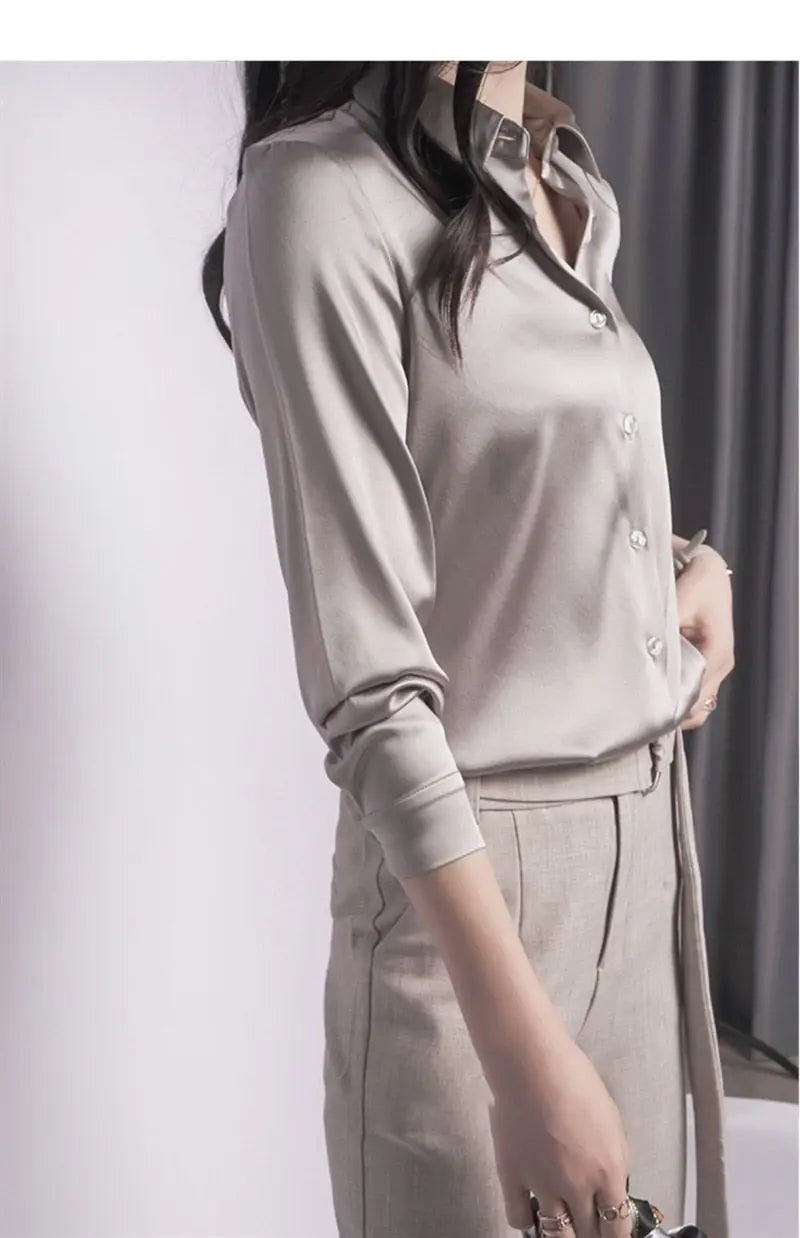 Spring Summer Casual Women's Satin Shirt Lapel Long Sleeve Blouse Loose Solid Color Office Lady Fashion Shirts Top