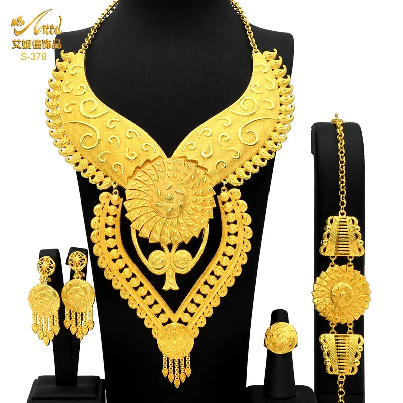 ANIID Dubai Plated Jewelry Set For Women Indian Earring and Necklace Nigeria Moroccan Bridal Accessorie Wedding Bracelet Gifts