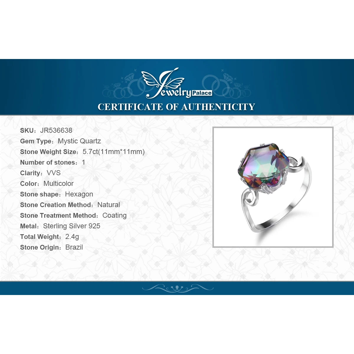 JewelryPalace Flower Natural Rainbow Mystic Quartz 925 Sterling Silver Ring for Women Fine Jewelry