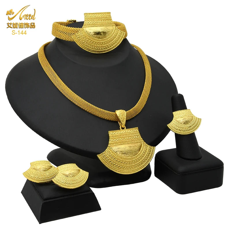 ANIID Dubai Plated Jewelry Set For Women Indian Earring and Necklace Nigeria Moroccan Bridal Accessorie Wedding Bracelet Gifts