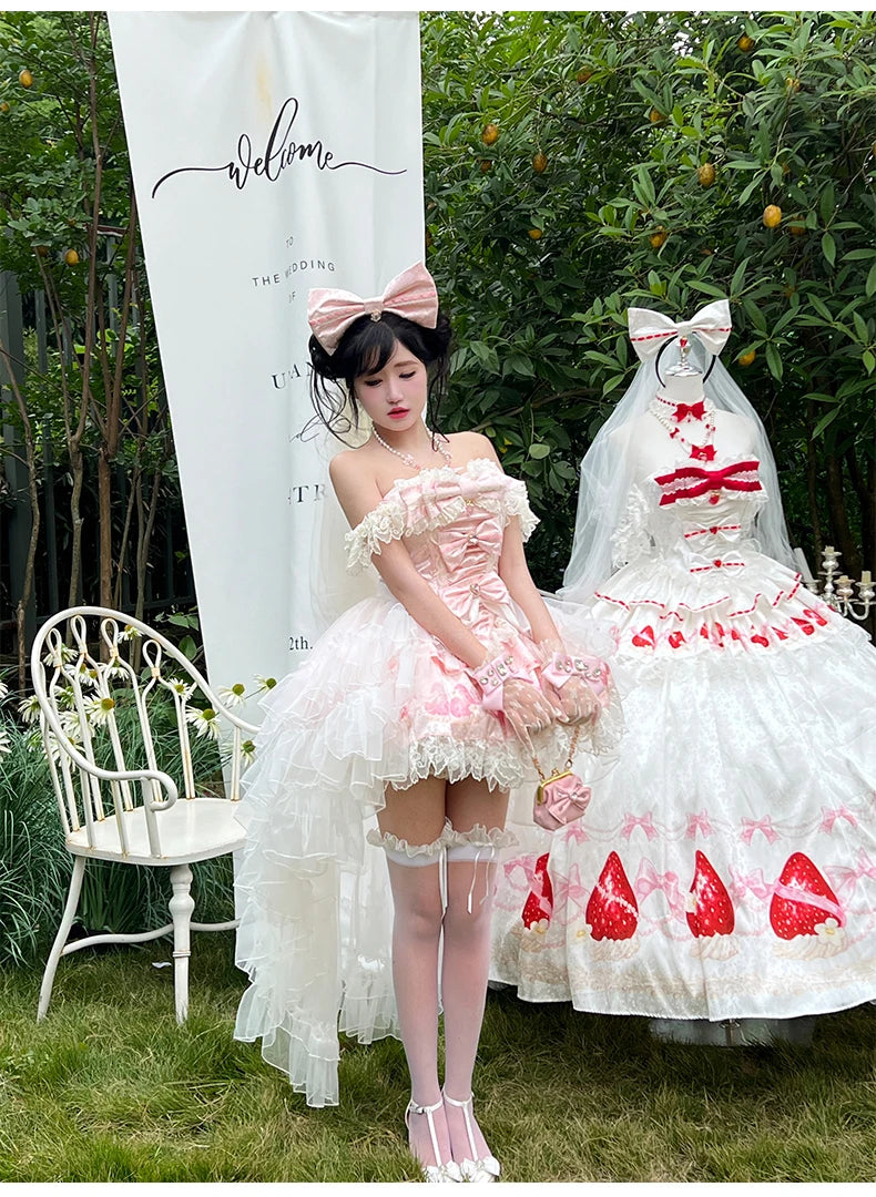 Sweet Princess Style Birthday Anniversary Wedding Dress New Lolita Cute Bow Sexy Strapless Girl Temperament Puffy Lace Dresses