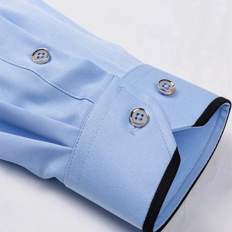 4XL Stand Up Collar Long Sleeve Shirt for Men Social Camisa Anti-wrinkle Pockets with Diamond Button Down White Shirt Black Blue