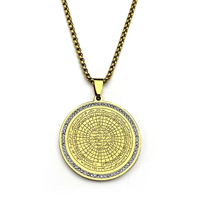 Muslim Arabic Quran Round Medal Pendant Necklace for Men Women Stainless Steel Gold Color Islamic Amulet Male Chain Jewelry