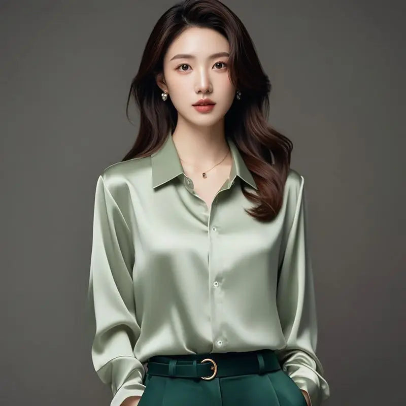 Spring Summer Casual Women's Satin Shirt Lapel Long Sleeve Blouse Loose Solid Color Office Lady Fashion Shirts Top