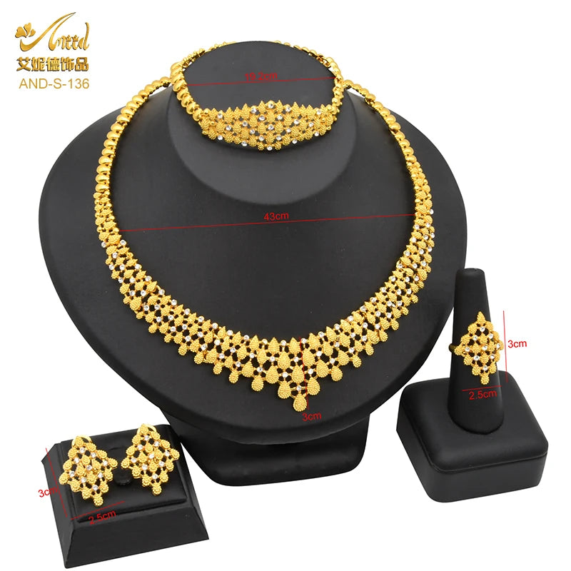 ANIID Dubai Plated Jewelry Set For Women Indian Earring and Necklace Nigeria Moroccan Bridal Accessorie Wedding Bracelet Gifts