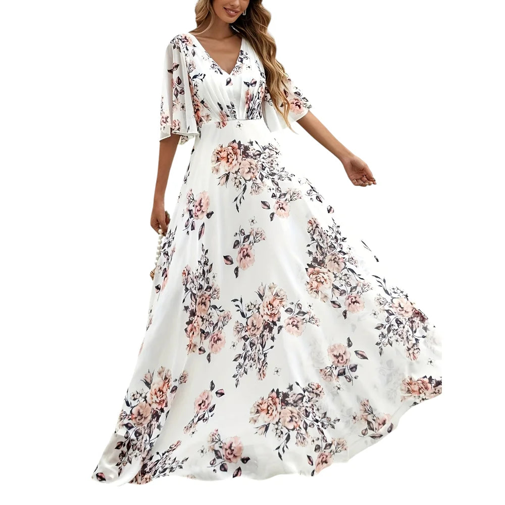 Wefads Women Long Dress Summer Casual Sexy V-Neck Lotus Leaf Sleeves Printed Beach Holiday Dresses - AMULET RING STORE