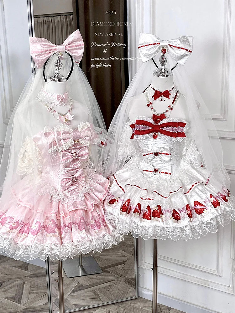 Sweet Princess Style Birthday Anniversary Wedding Dress New Lolita Cute Bow Sexy Strapless Girl Temperament Puffy Lace Dresses