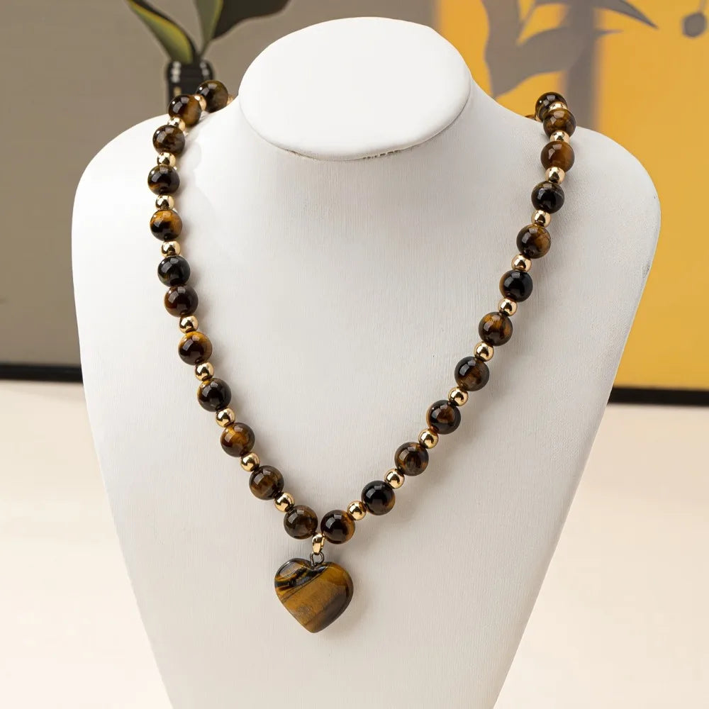 Luxurious Tiger Eye Stone Beaded Necklace for Women Men Heart Pendant High Quality Choker Elegant Style Jewelry Accessories Gift