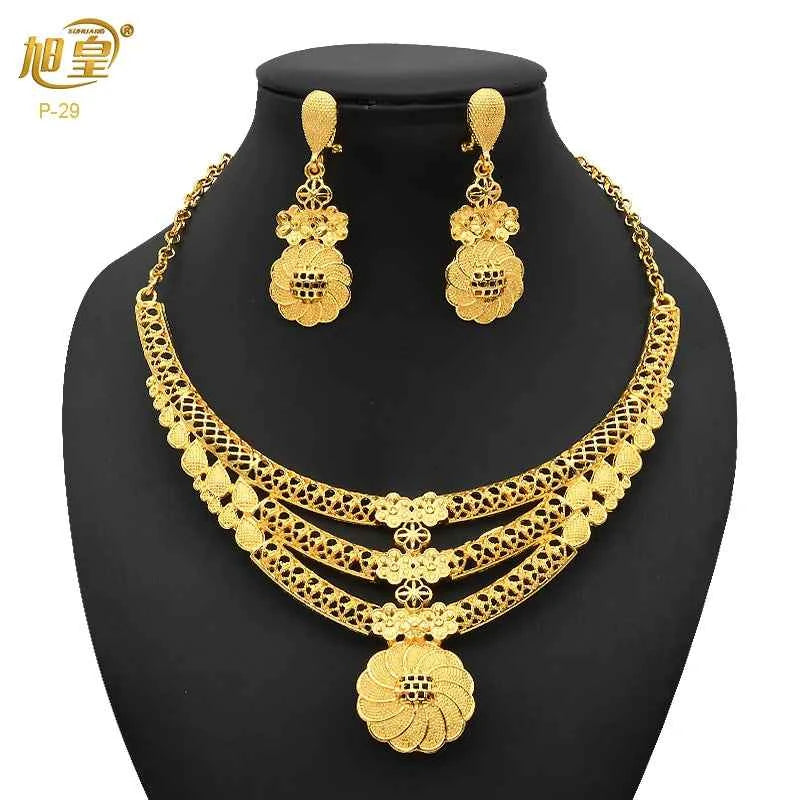 France Luxury 24k Gold Color Jewelry Set For Women Dubai Bridal Wedding Necklace And Earrings Set African Choker Party Gifts