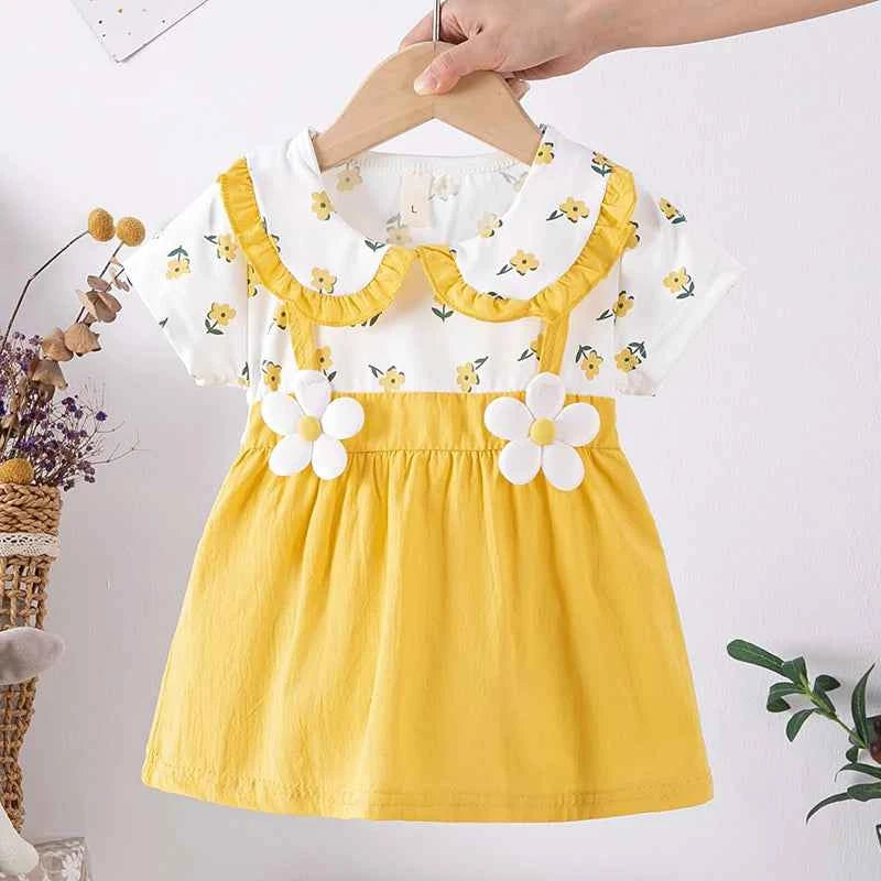 (0-3 Years) Cute Summer Baby Girls Dress Short Sleeve Flower Child Dress Peter Pan Collar Cool Princess Dress