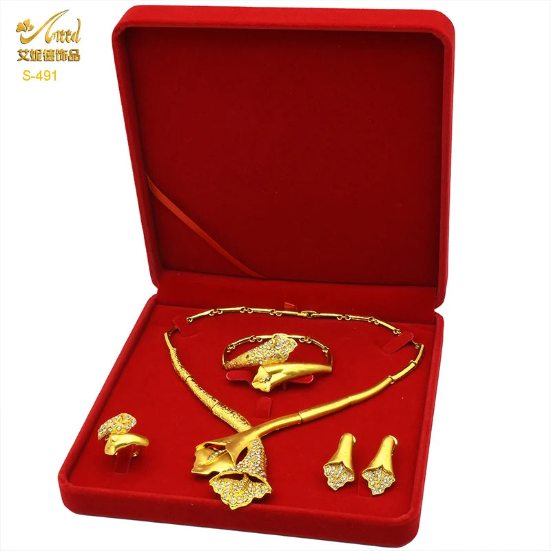 ANIID Dubai Plated Jewelry Set For Women Indian Earring and Necklace Nigeria Moroccan Bridal Accessorie Wedding Bracelet Gifts