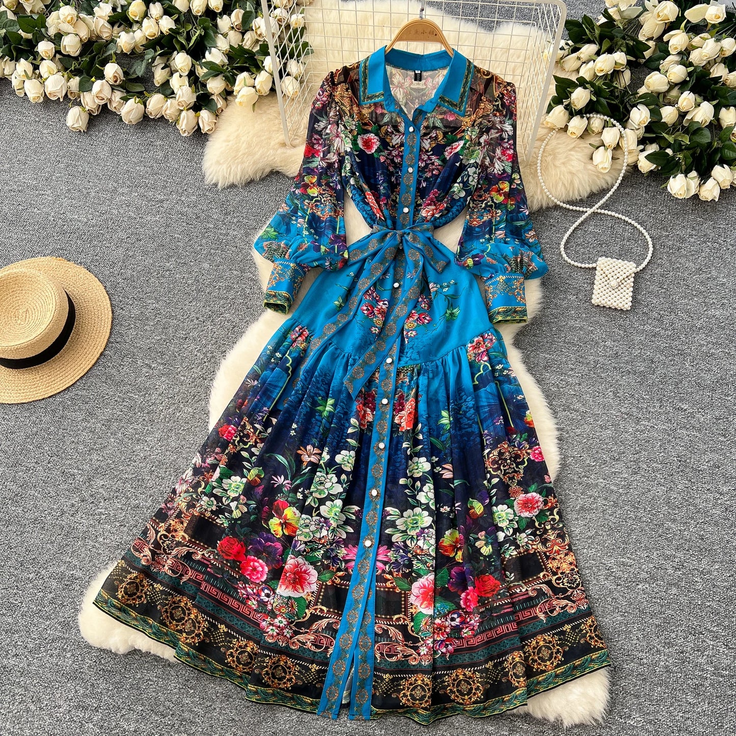 SINGREINY Vintage Print Chiffon Dresses Women Lantern Sleeve O Neck Design Fashion High Quality Court Floral Pleated Long Dress