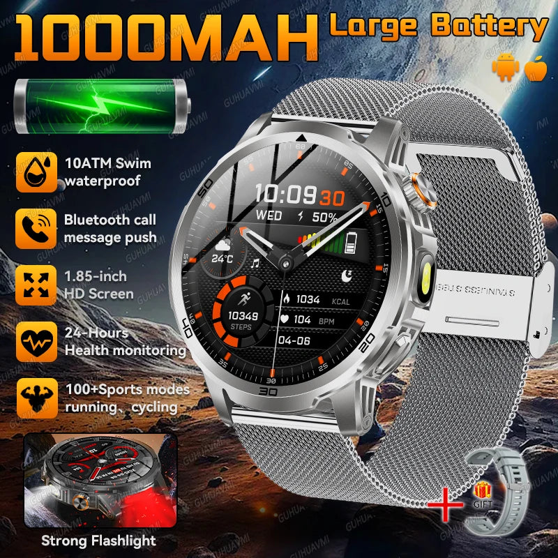 2026 New Outdoor Military Smart Watch For Men 1.85" AMOLED 1000mAh Battery IP69K Swim Flashlight Heart Rate Wireless Call Watchs
