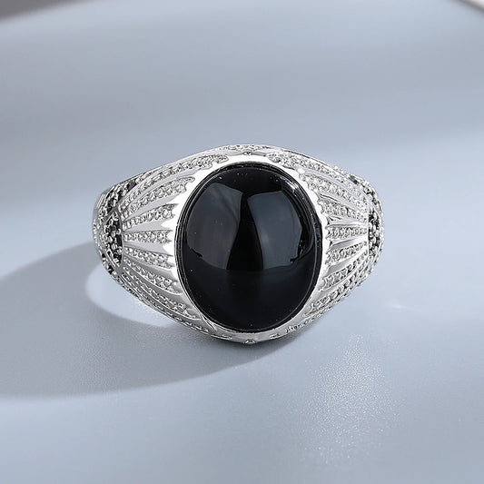 Silver Jewelry Ring Natural Oval Rectangle Big Black Agate Stone Vintage Ring For Women Party Anniversary Gifts Fine Jewelry