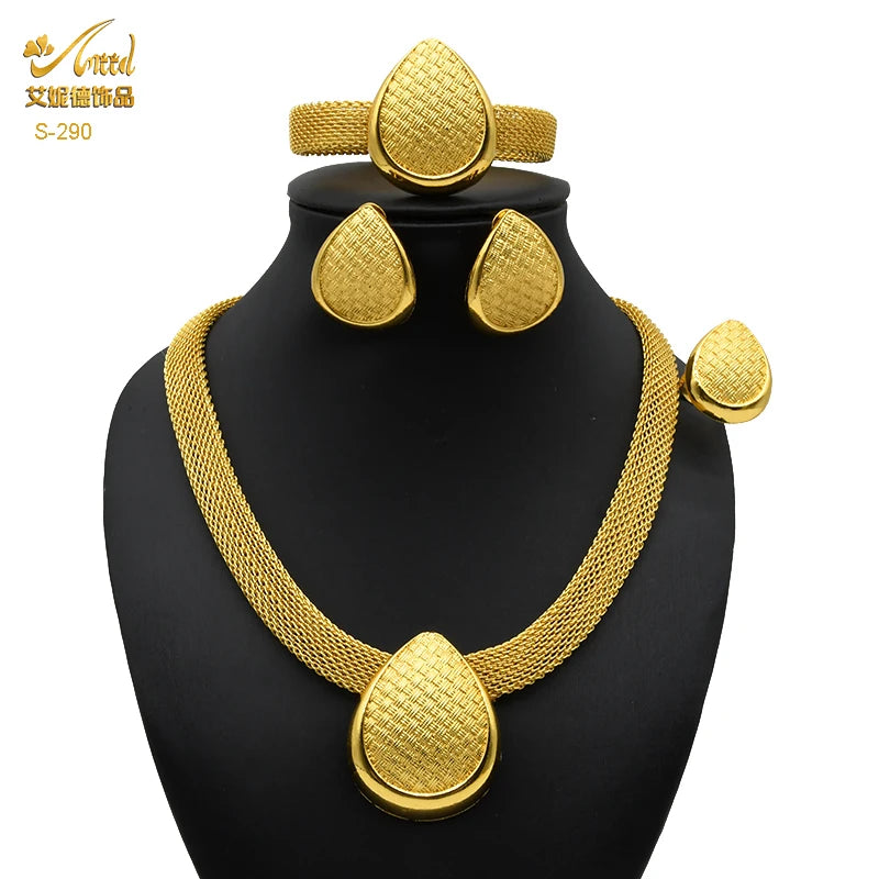 ANIID Dubai Plated Jewelry Set For Women Indian Earring and Necklace Nigeria Moroccan Bridal Accessorie Wedding Bracelet Gifts