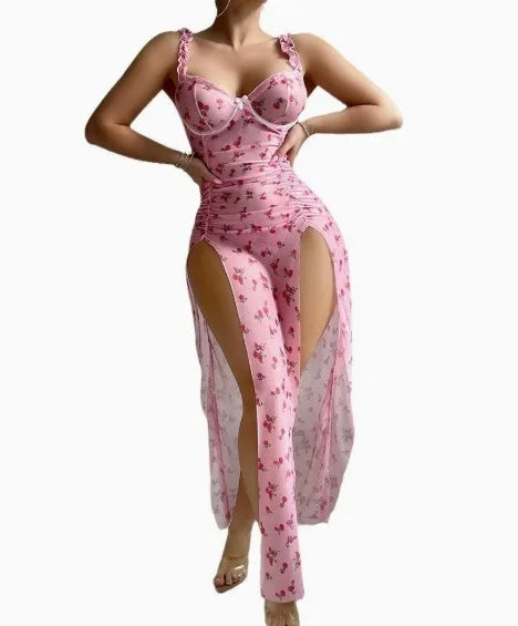 Pajamas Women's Night Dress Suspenders Rose Print Split Fork Nightgowns Slim Fit Home Wear Mesh Sleeveless Sexy Dress Sweet 5HEN - AMULET RING STORE