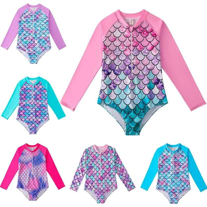European American Style Mermaid Swimsuit Baby Girls Long Sleeves One-piece Swimsuit Hot Spring Fish Scale Kids Swimsuit 4-12Y - AMULET RING STORE