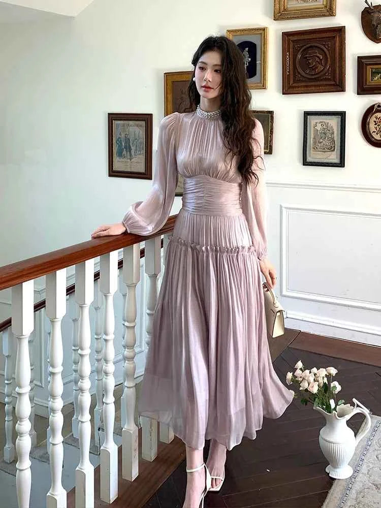 Elegant Summer Sation Long Sleeve Maxi Dresses Women Solid Fashion Ruffle Pleated Shiny Sweet Autumn Dress