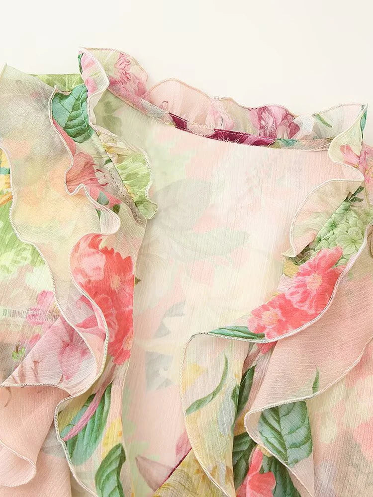 European style new women's fashion versatile temperament flower print layered decorative long sleeve shirt