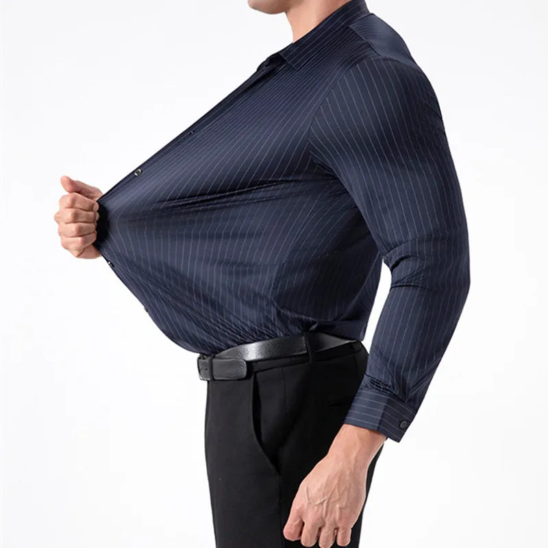 New Stylish Men's Striped Shirt Long Sleeve Business Casual High Elasticity Spring Autumn Seamless Easy-care Soft Man Clothing