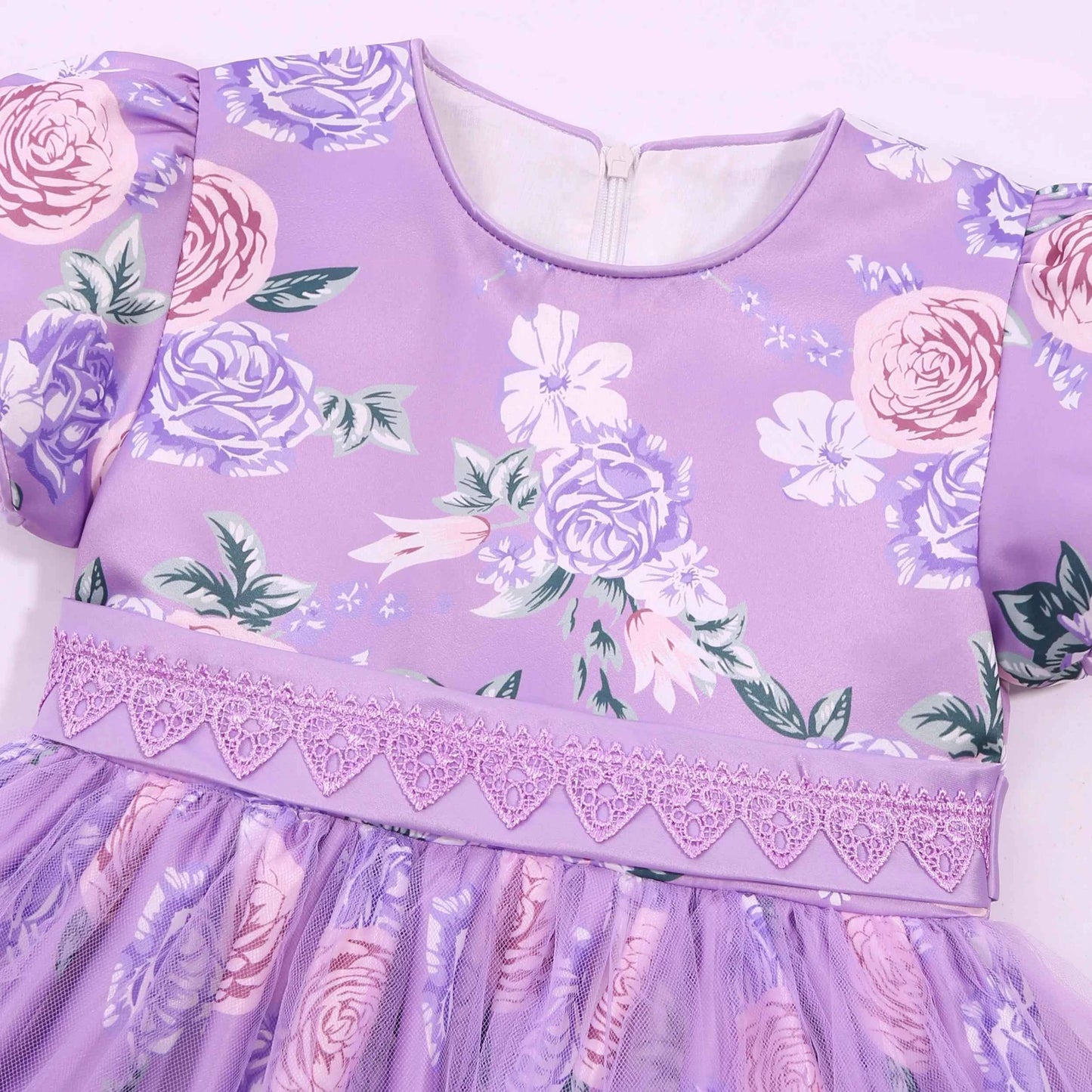 Floral attendant dress - Girls' printed lace lace-trimmed net dress for wedding - Flower girl short-sleeved princess puff-sleeve