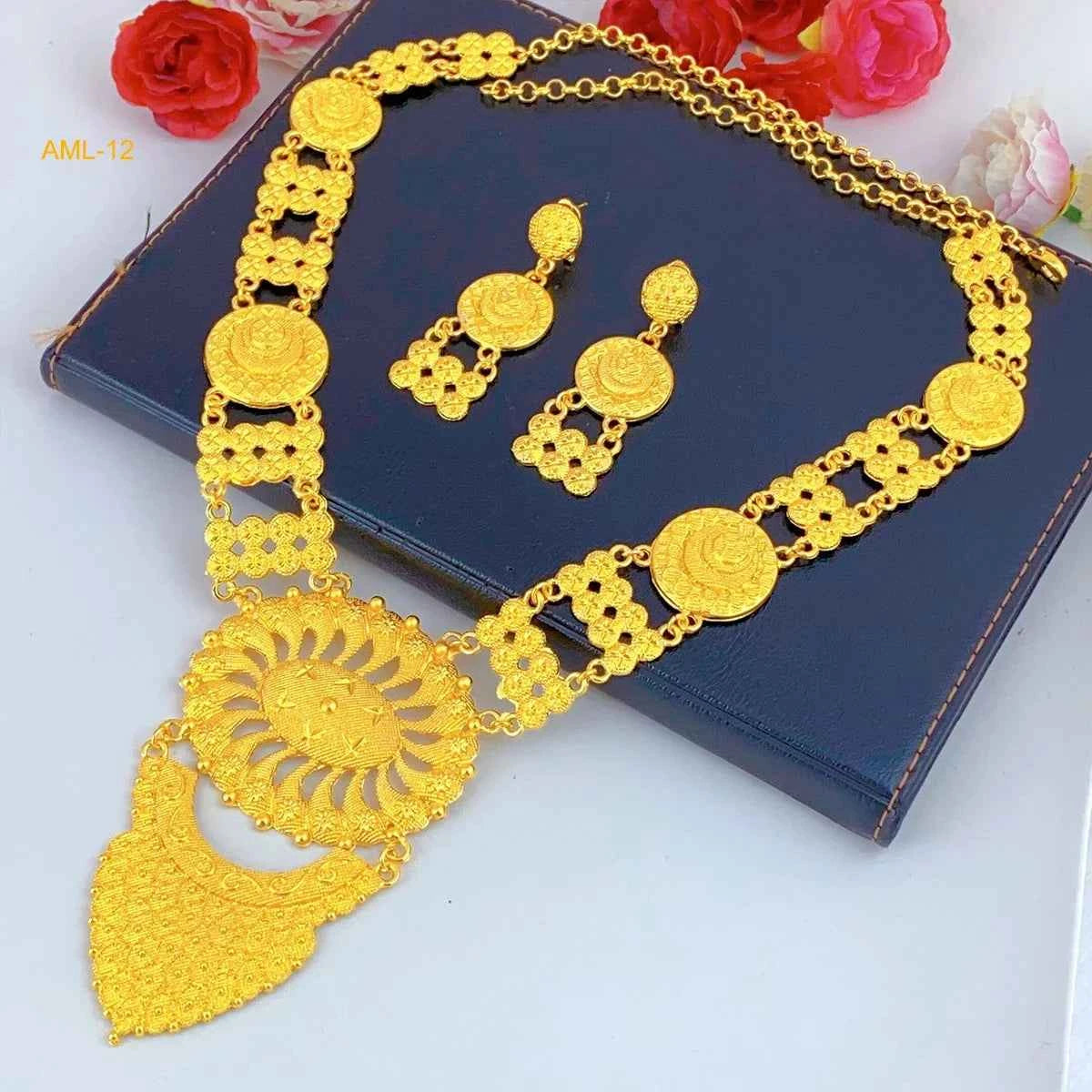 Bridal Indian Necklace Sets 24K Gold Plated Long Pendant For Women Nigeria African Dubai Wedding Earring Jewelry Set Party Gift