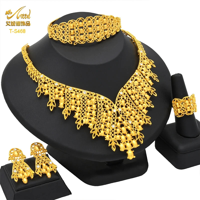 ANIID Dubai Plated Jewelry Set For Women Indian Earring and Necklace Nigeria Moroccan Bridal Accessorie Wedding Bracelet Gifts