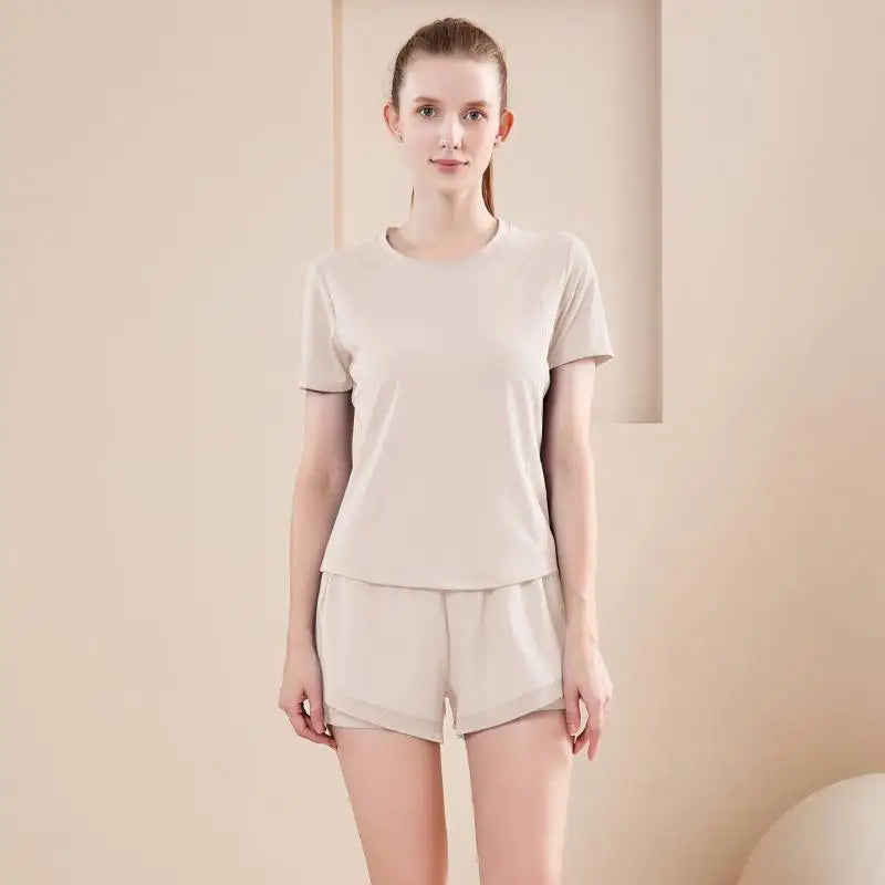 Yoga Set Women Sport T-Shirt Back Mesh Design High Waist Shorts Quick Dry Run Yoga Sports Short Sleeve Shorts Two-piece Yoga Set