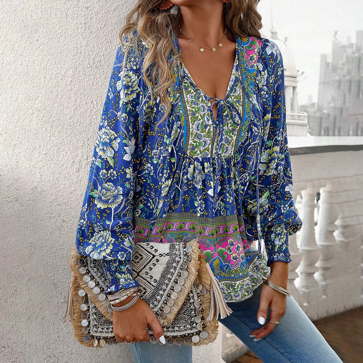 2024 Summer Fashion New Women's Elegant Casual Printed V-neck Shirt with Bubble Sleeves and Loose Commuting Style Top - AMULET RING STORE