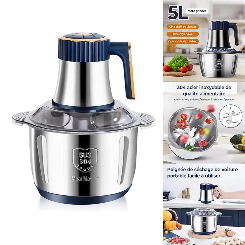 Electric Meat Grinders 5L Food Crusher Stainless Steel Multifunctional Vegetable Slicer Processor Chopper Kitchen Blenders - AMULET RING STORE