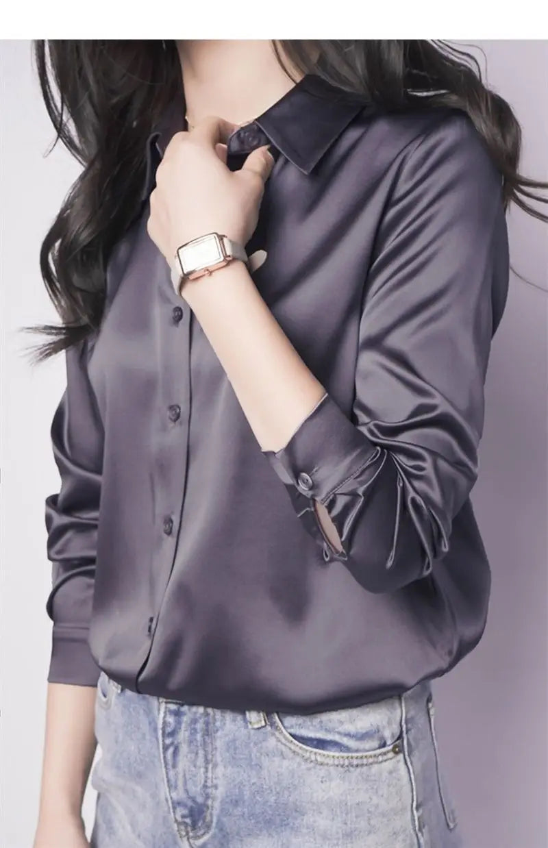Spring Summer Casual Women's Satin Shirt Lapel Long Sleeve Blouse Loose Solid Color Office Lady Fashion Shirts Top