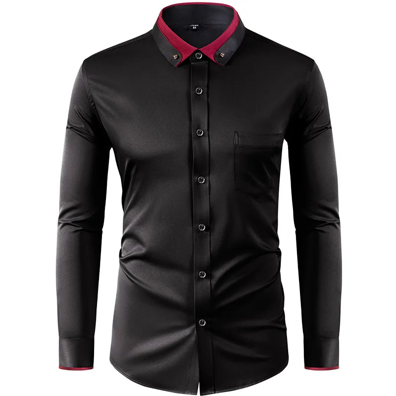 4XL Stand Up Collar Long Sleeve Shirt for Men Social Camisa Anti-wrinkle Pockets with Diamond Button Down White Shirt Black Blue