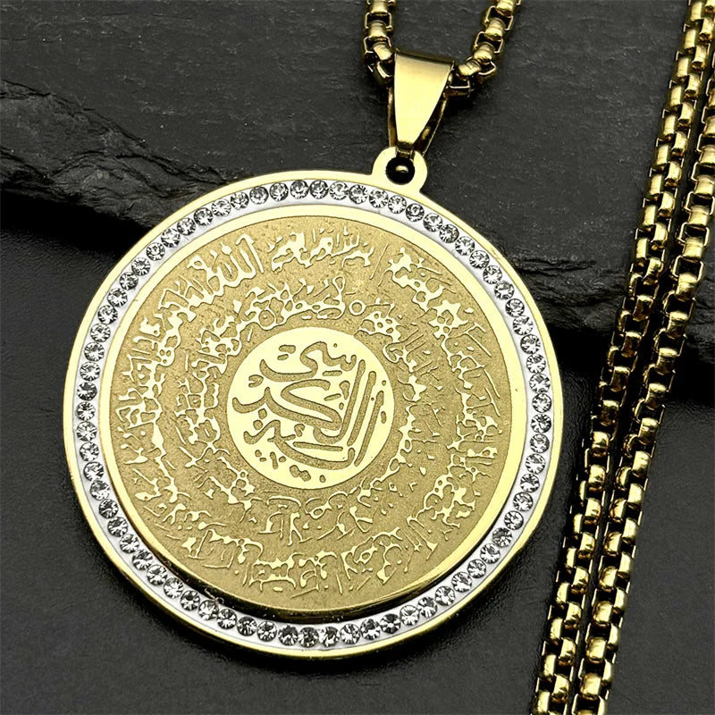 Stainless Steel Muslim Islam Quran Allah Crystals Chain Necklaces for Women Men Gold Color Round Pendants Necklaces Jewelry Gift