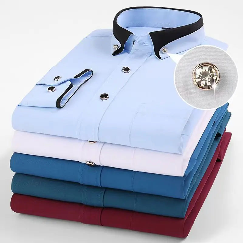 4XL Stand Up Collar Long Sleeve Shirt for Men Social Camisa Anti-wrinkle Pockets with Diamond Button Down White Shirt Black Blue