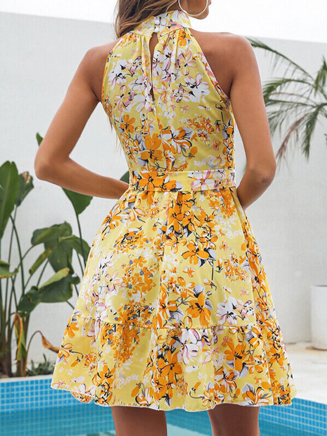 Hanging neck sleeveless temperament lace up ruffle hem big swing floral Womens dress Elegant Floral Print Robe Spring Pullover