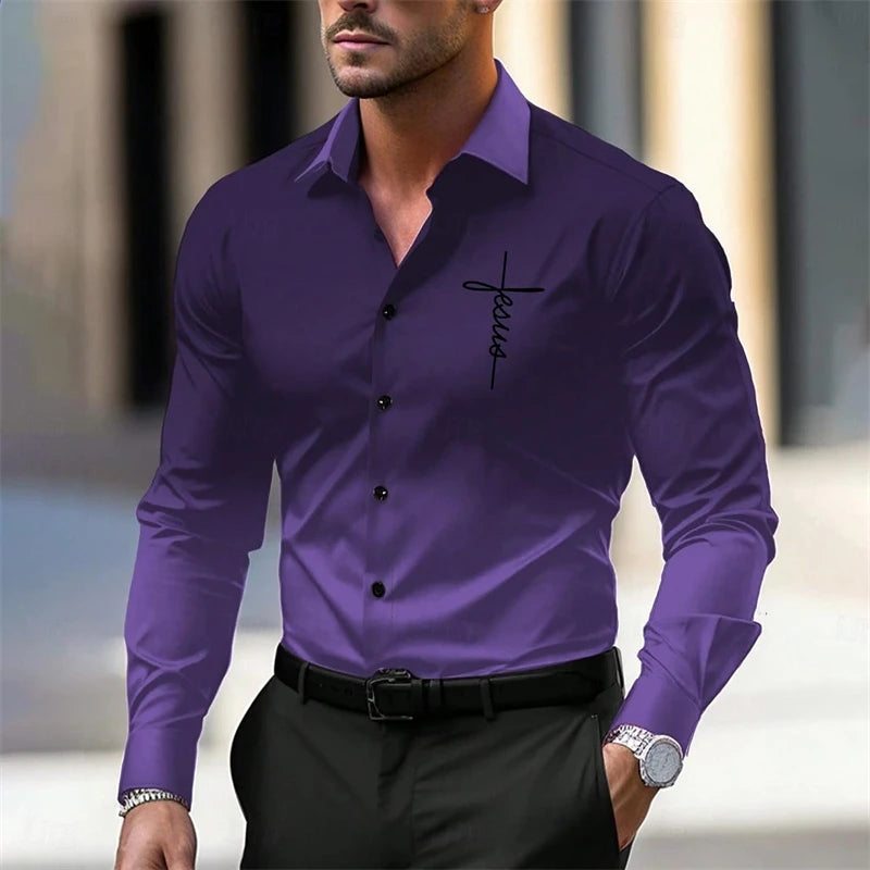 Simple Jesus Pattern Shirts For Men Spring Autumn Fashion 3D Printed Gradient Christian Long Sleeve Shirt Casual Loose Blouse