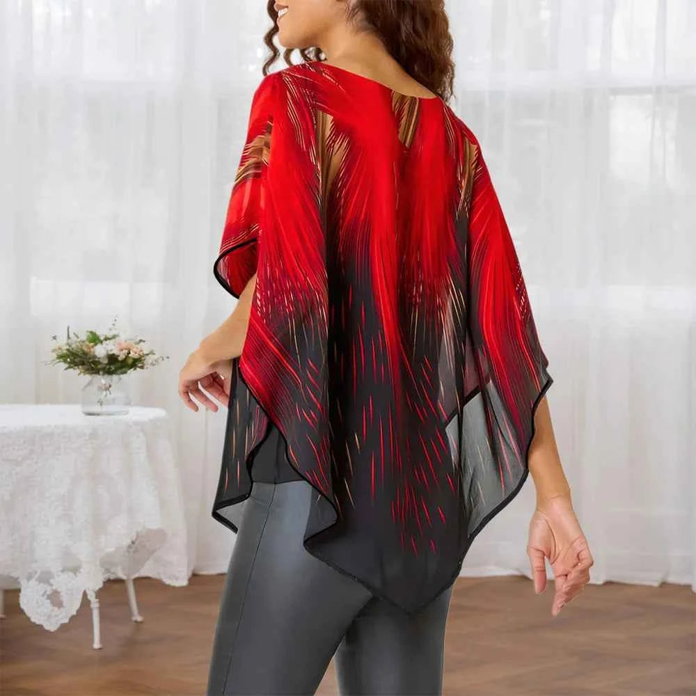 Plus Size Women's Aurora Printed Gauze Cloak Sleeve Blouse Tunic Tops Ladies Summer Casual Loose T Shirts Tee XL 2XL 3XL 4XL 5XL
