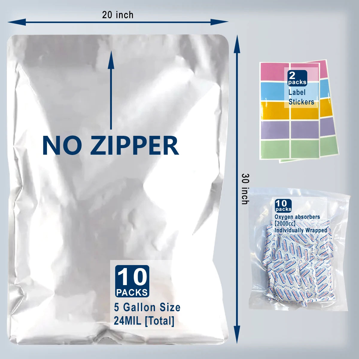 10pcs 5 Gallon Mylar Bags for Food Storage 12 Mil Thick Mylar Bags 5 Gallon with Oxygen Absorbers 2000cc Ziplock Resealable Bags - AMULET RING STORE