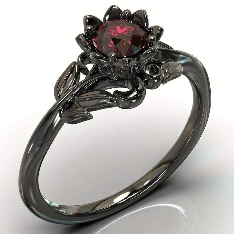 Black Color Flower Red Stone Rings for Women Charm Jewelry Accessories Rose Ring Party Gift