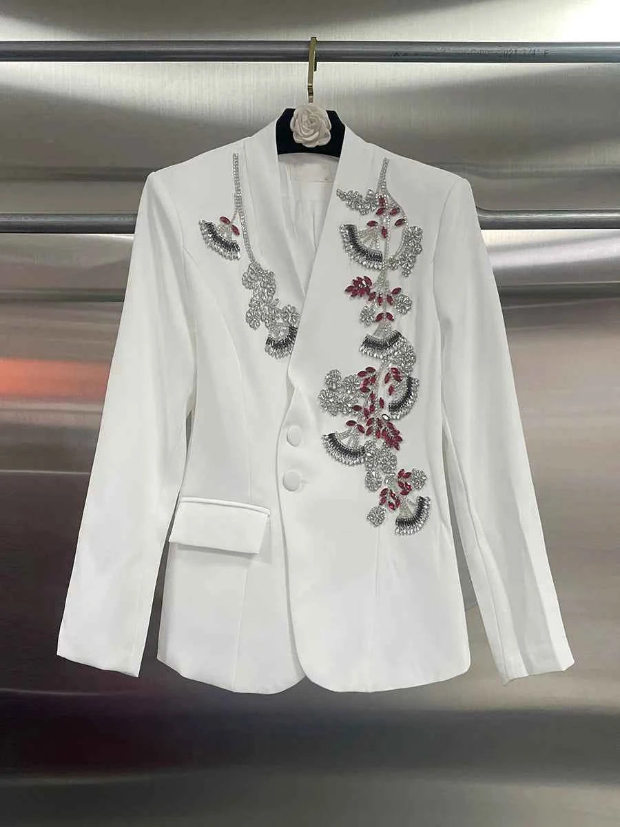 TWOTWINSTYLE Solid Spliced Bead Flower Temperament Blazers for Women V Neck Long Sleeves Patchwork Single Breasted Blazer Female