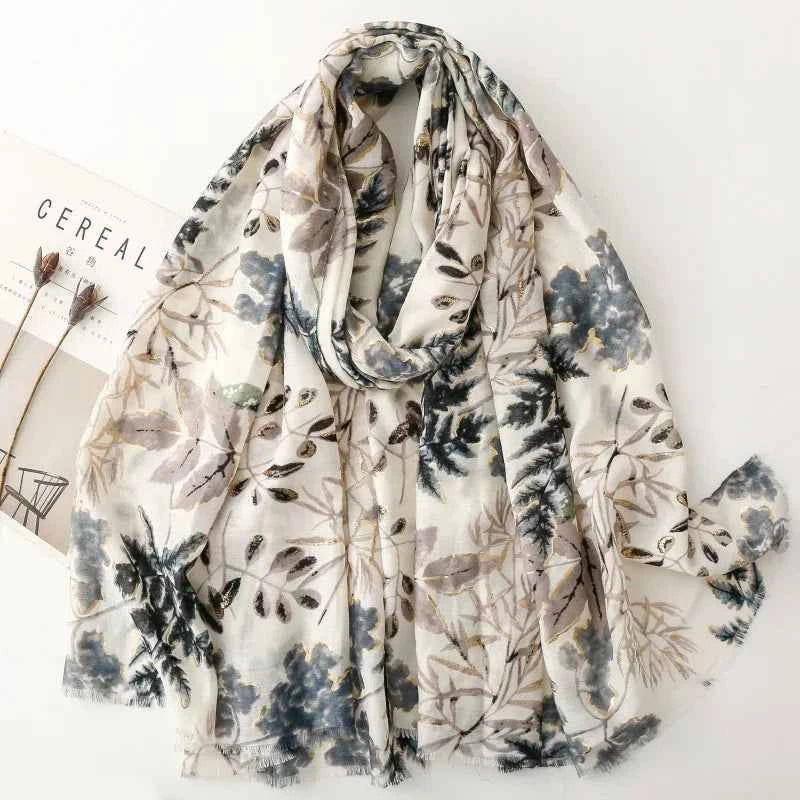 Winter Lurex Leaf Floral Fringe Cotton Viscose Shawls Scarf Lady High Quality Wrap Pashmina Stole Bufandas Muslim Hijab 180*90Cm