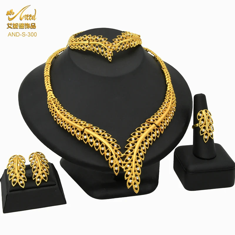 ANIID Dubai Plated Jewelry Set For Women Indian Earring and Necklace Nigeria Moroccan Bridal Accessorie Wedding Bracelet Gifts