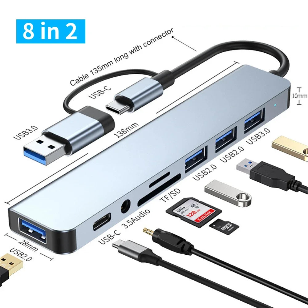 USB 3.0 Type C Adapter Docking Ststion USB 2.0 Port TF SD Card Reader Audio Output Multi-hub Splitter for Macbook Pro Computer - AMULET RING STORE