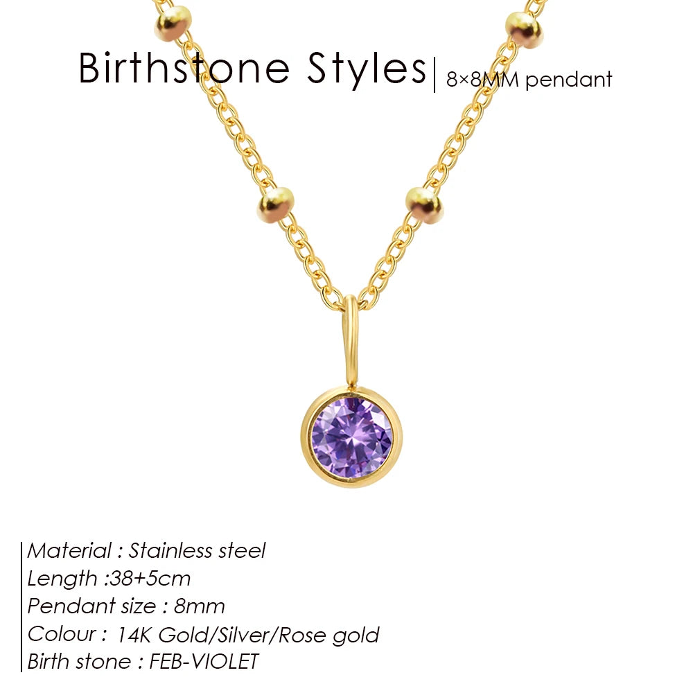 Stainless Steel Birthstone Necklace Beaded Chain Zirconia Pendant DIY Necklace Constellation Birthday Gift Jewelry Wholesale