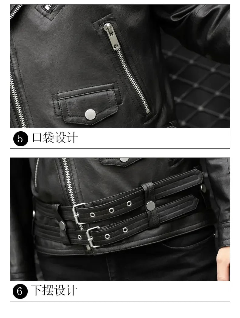 Spring Autumn Short Cool Black Leather Biker Jacket Men Zipper Long Sleeve Belt Plus Size European Fashion brand leather jackets