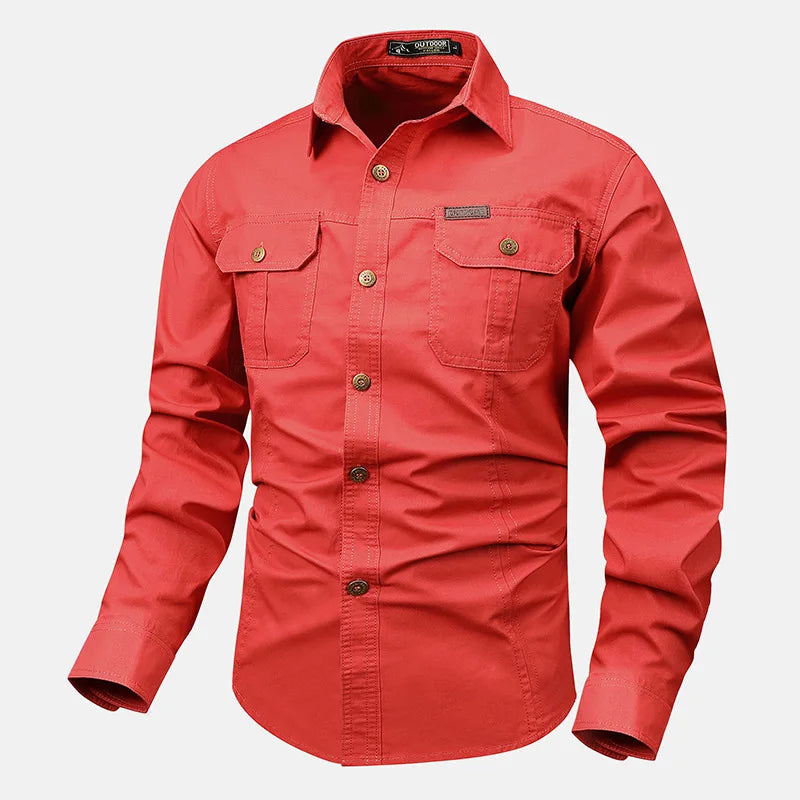 Retro Cargo style Men's Long Sleeve Shirt With Pocket Design, Men'sCasual Button Up Shirt For Spring Fall Qutdoo