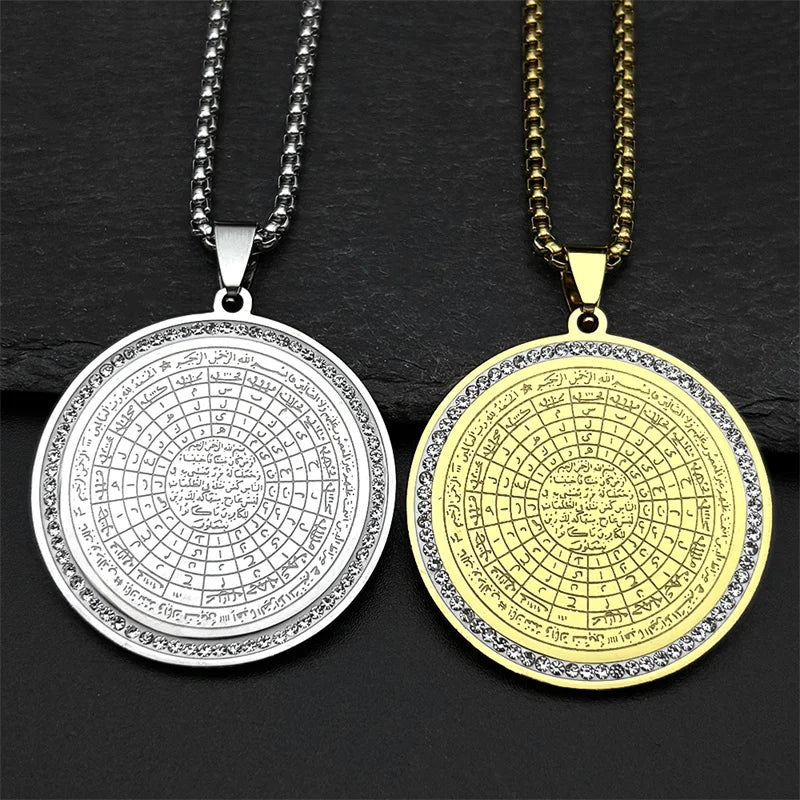 Muslim Arabic Quran Round Medal Pendant Necklace for Men Women Stainless Steel Gold Color Islamic Amulet Male Chain Jewelry