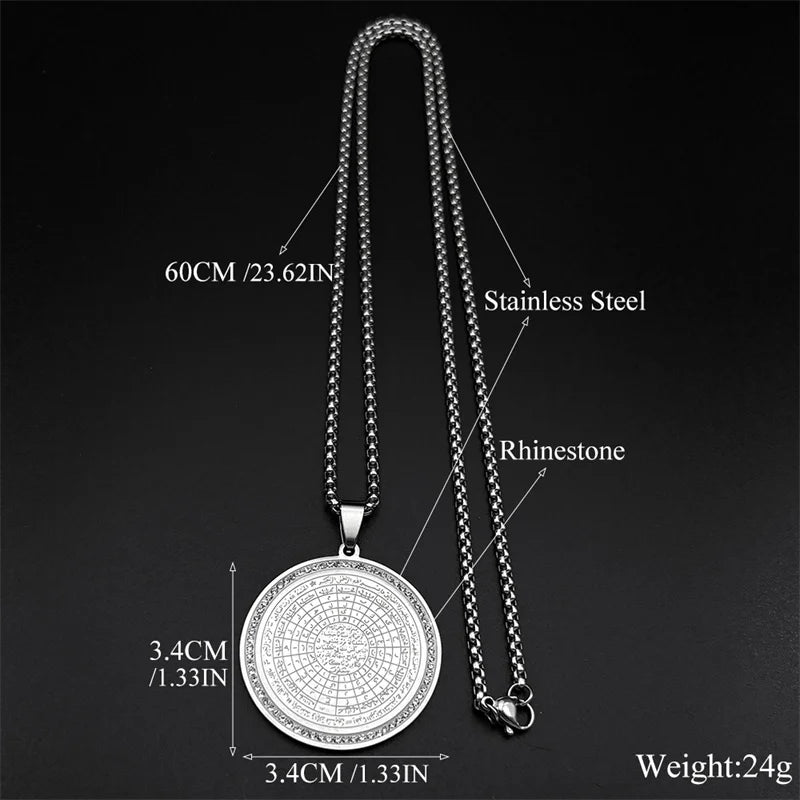 Muslim Arabic Quran Round Medal Pendant Necklace for Men Women Stainless Steel Gold Color Islamic Amulet Male Chain Jewelry